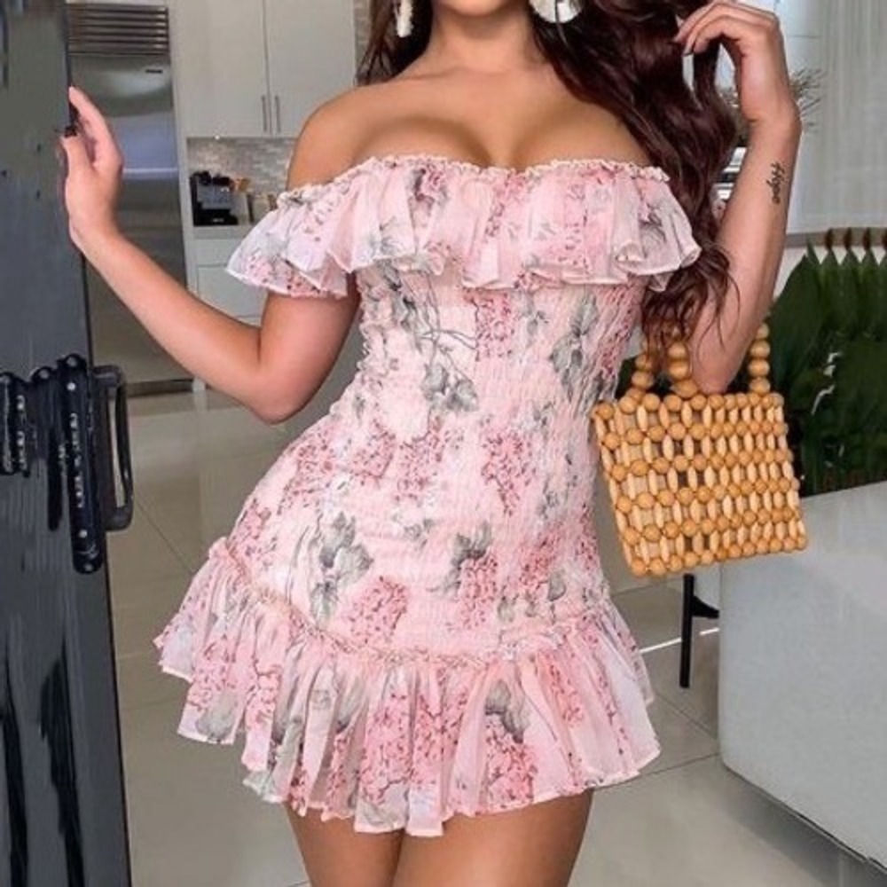 Pink Floral Off-The-Shoulder Ruffle Mini Dress Ruched Cottagecore Coquette Girly